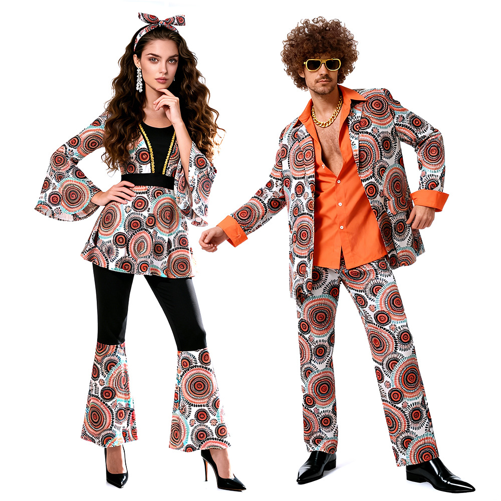 Couple 70s 80s Disco Hippie Costume Set Retro Circular Print Flared Pants Outfit